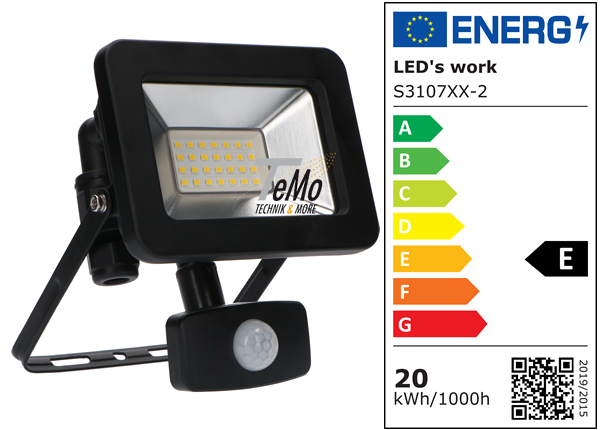 SHADA LED-Strahler Flutlichtstrahler 20W 2200lm 4000K IP44 - Sensor - Sanan LED - Schwarz, EEC: E (310712)